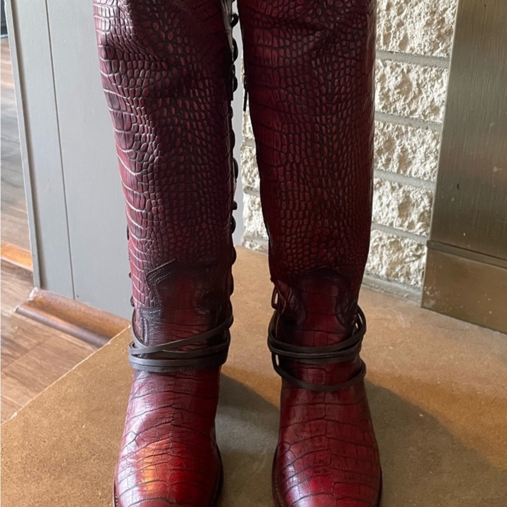 Freebird Red Croc-Embossed Over the Knee Boots